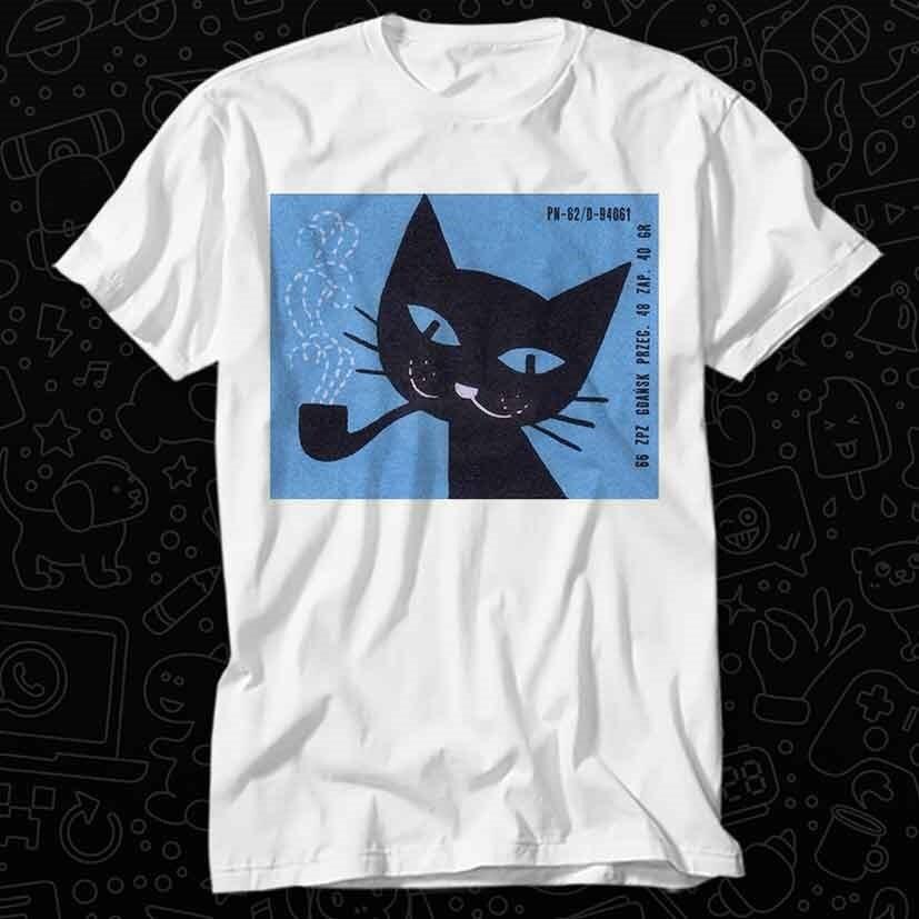 

Vintage Polish Matchbox Label Cat Smoking Pipe T Shirt 594 S