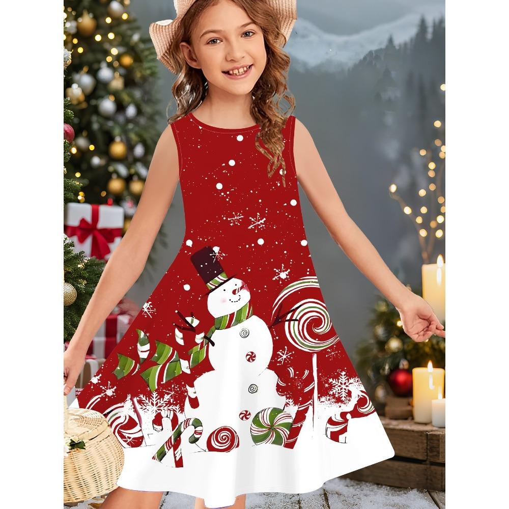 Girl's Summer Cute Christmas Print Sleeveless Vest Dress Fashionable Round Neck Casual Comfortable Soft Breathable Mini Dress