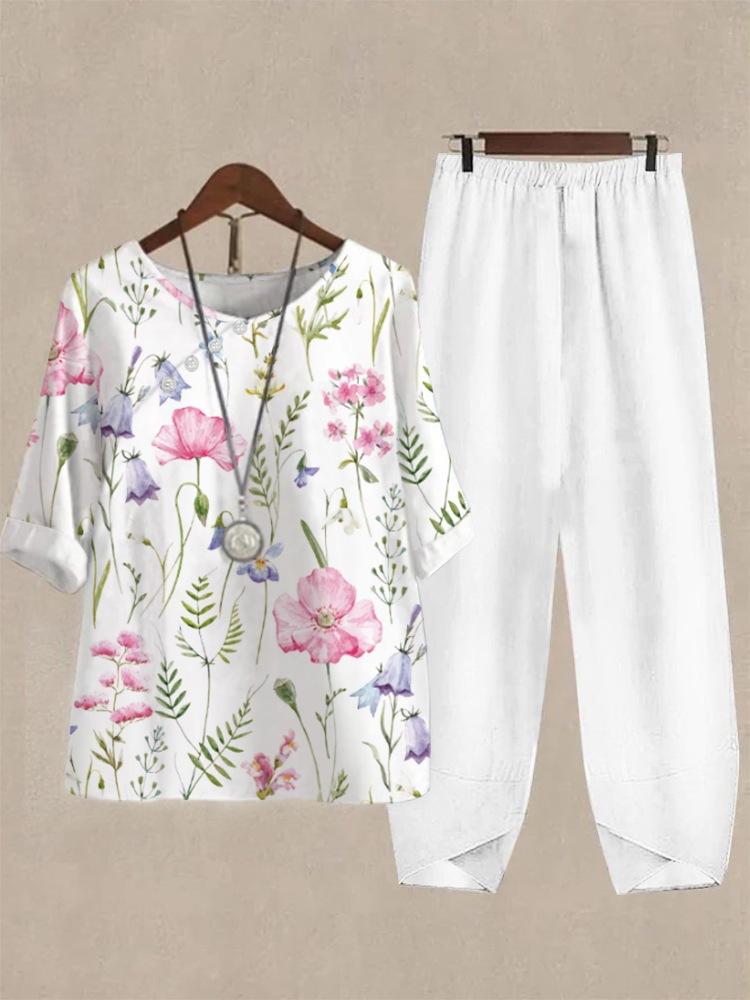 1116 New Women's Clothing Casual Crew Neck Five-Sleeve Top Digital Printing Women's Two-piece Set