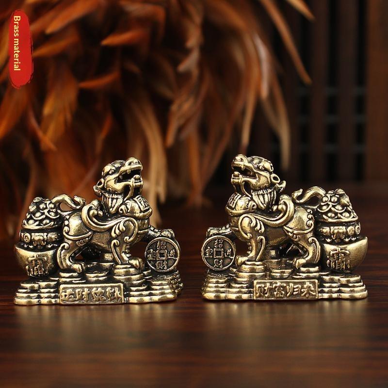 Brass Feng Shui Pixiu Statue Pair Exquisite Workmanship Lucky Ornament for Home Office Desktop Study Room Decor Gift