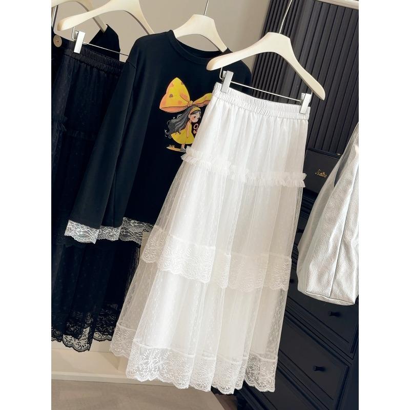 French Lace Edge Splicing Mesh Skirt Women's Spring New Sweet Wind High Waist A Word Medium and Long Cake Skirt
