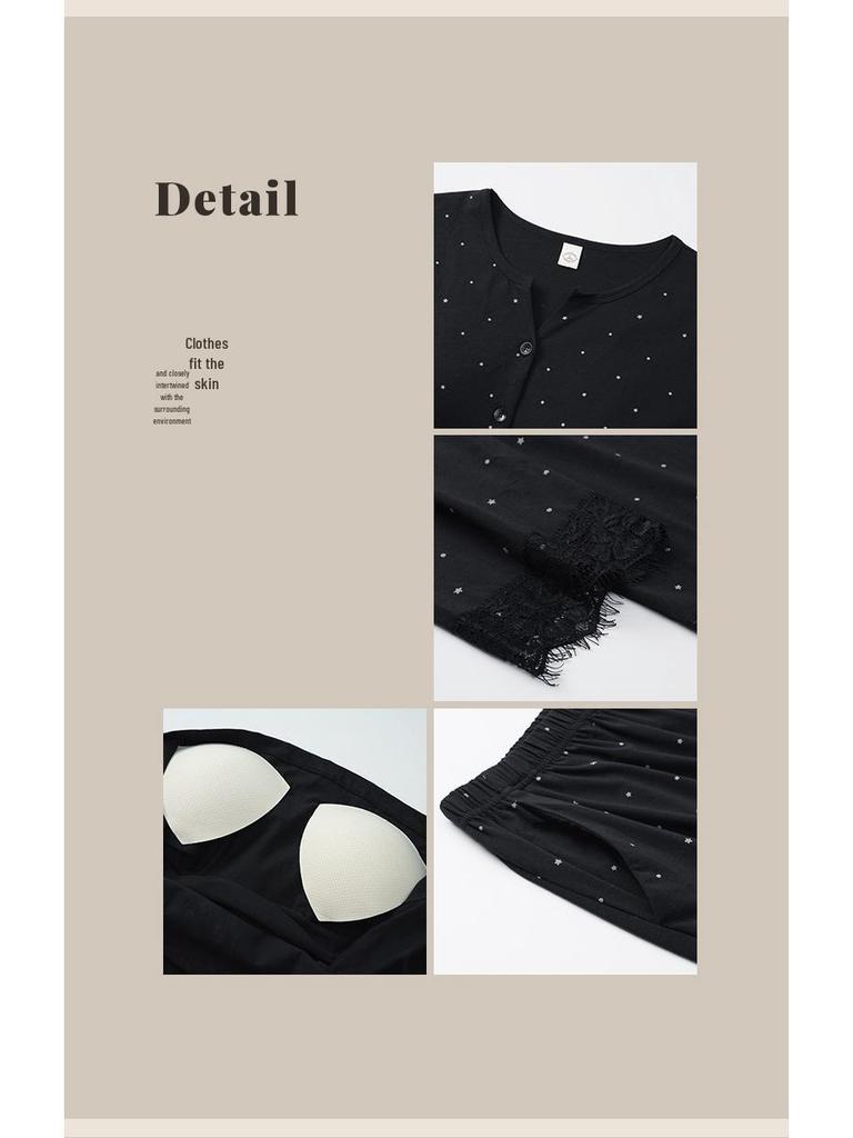 Set de pijama pentru femei cu dantelă cu buline și cupe pentru bust - Mânecă lungă și pantaloni pentru toamnă/iarnă, pentru acasă sau exterior