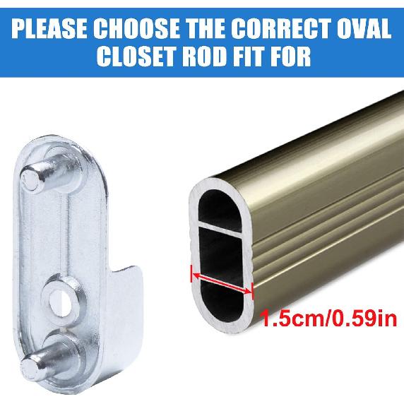 AEGYPIUS 6Pcs Oval Closet Rod End Supports 15mm x 30mm, Wardrobe Bracket Metal Rod Holders, Heavy-Duty Closet Pole Socket with Rear Facing 6.5mm P
