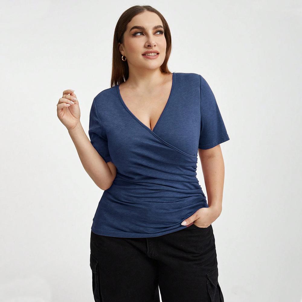 New V-neck splicing wide slim fit autumn solid color top women's European and American short-sleeved t-shirt women's