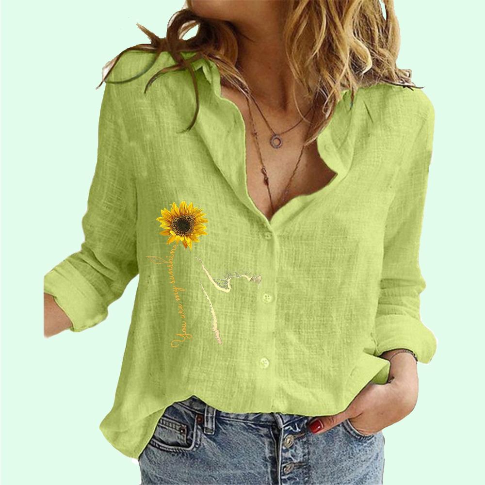 Women Fashion Lapel Neck Long Sleeve T-shirt Summer&fall Casual Printed Cotton Linen Top Female Loose Buttoned Blouses