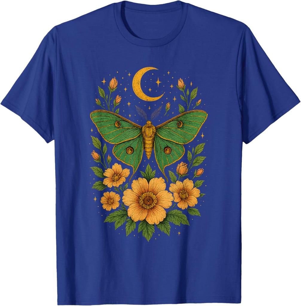 Luna Moth Celestial Garden Graphic Tee Men's Casual Cotton Print Round Neck T-Shirt