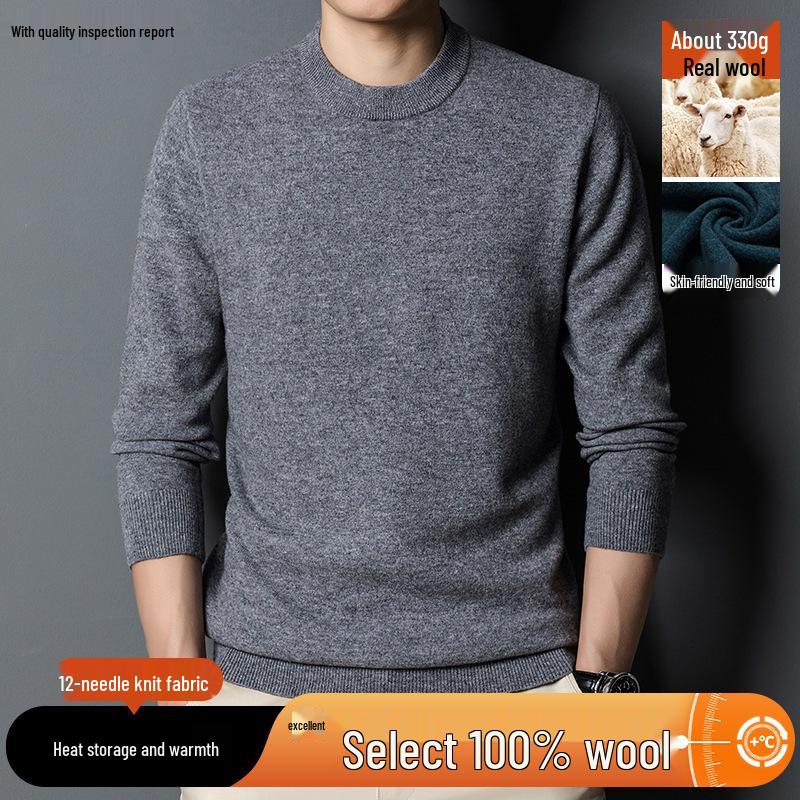 Men's 100% Pure Wool 330g Sweater - 2025 Autumn/Winter Round Neck Solid Color Casual Knit