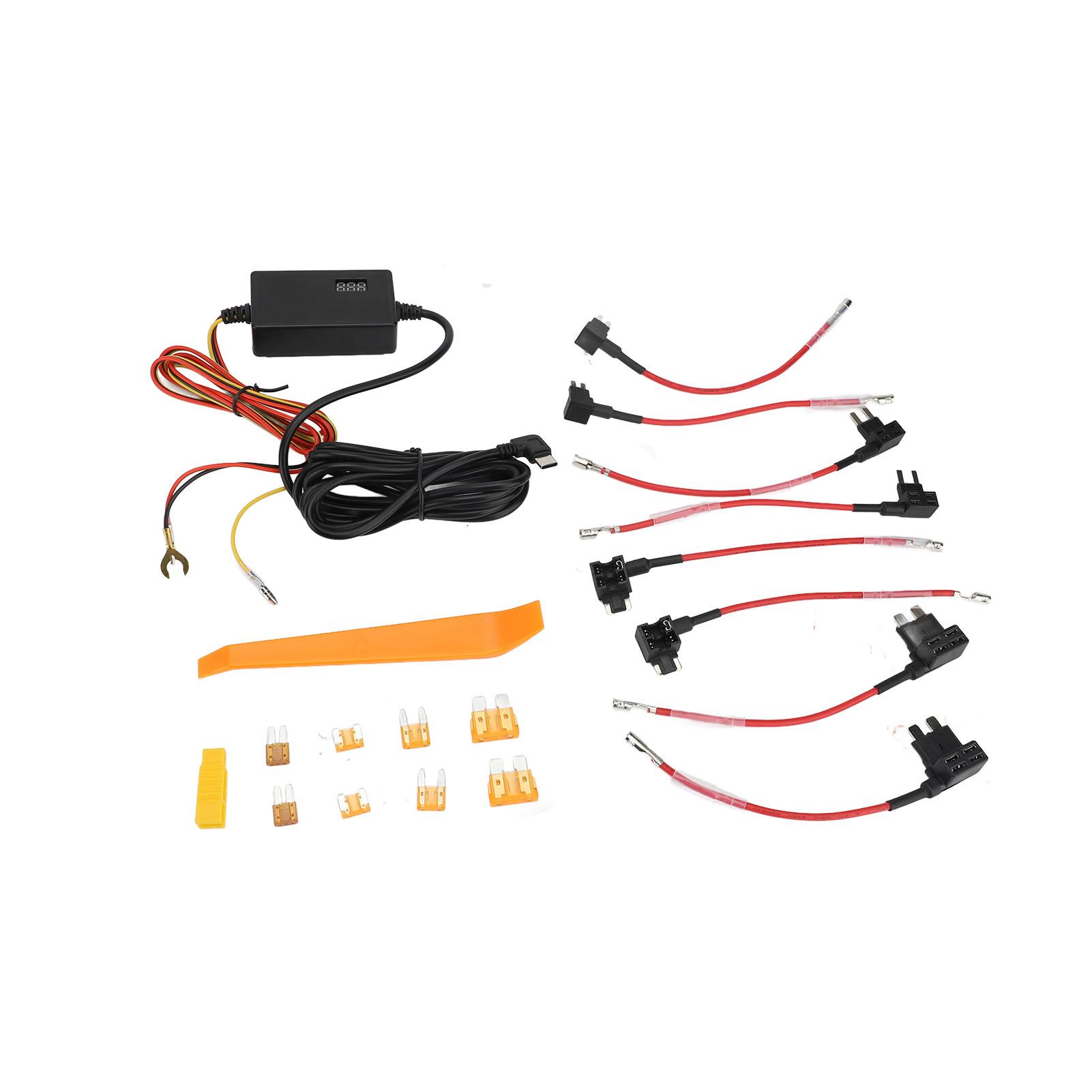 

Dash Cam Hardwire Kit with 8 Fuse 12V 24V to 5V 3A Digital Display Dash Camera Power Cord for 24H Parking Monitoring Type-C curved