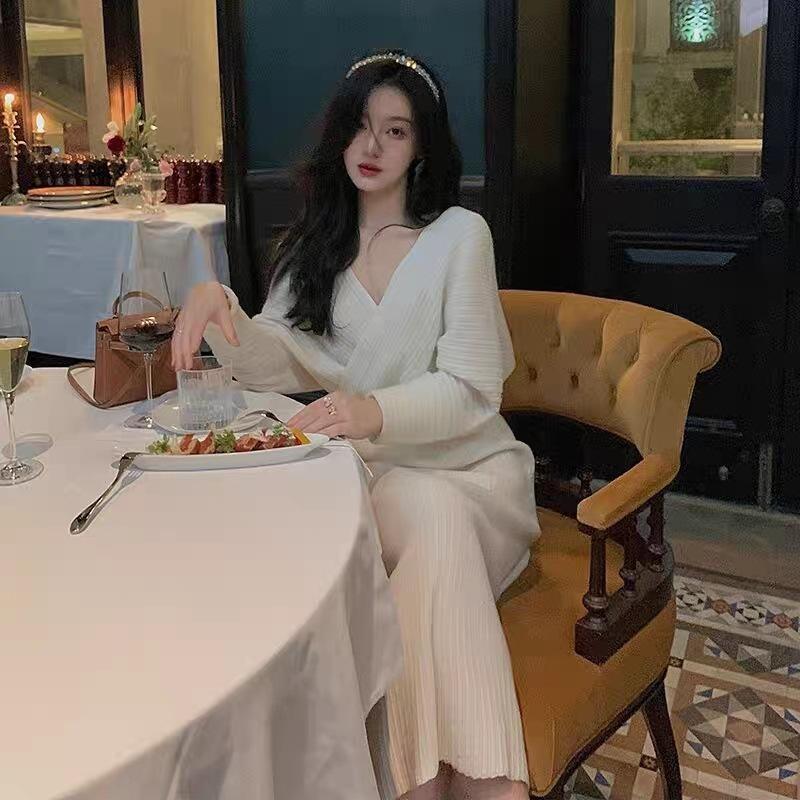 Long Sweater Skirt with Coat for Women Over the Knee with Bottom V-neck Knitted Dress for Women In Autumn and Winter