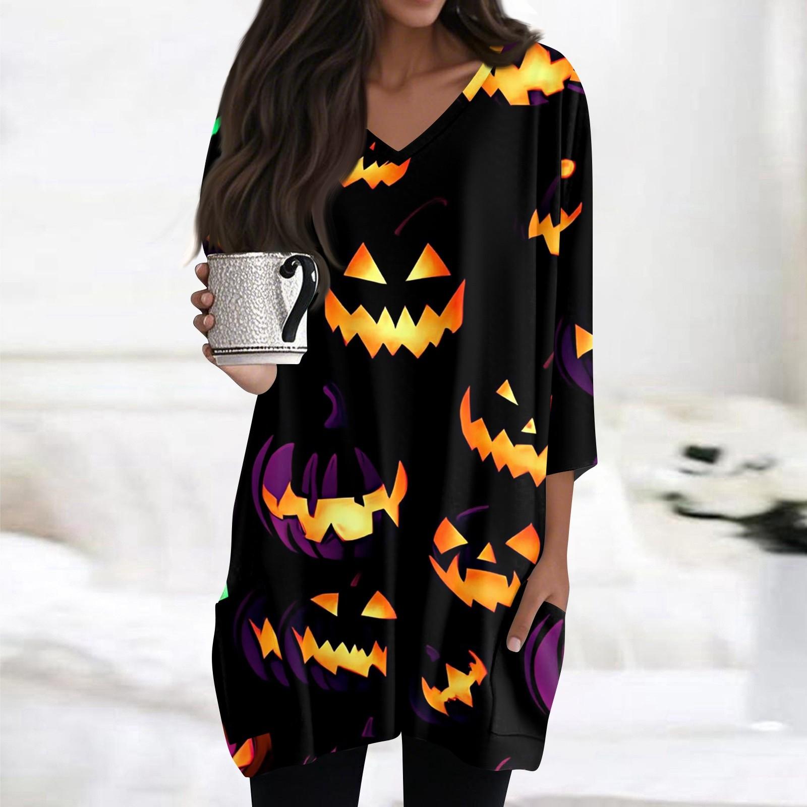 

Женские топы с V-образным вырезом и рукавом 3/4, повседневные блузки средней длины, модные туники с принтом на Хэллоуин и карманами S жёлтый