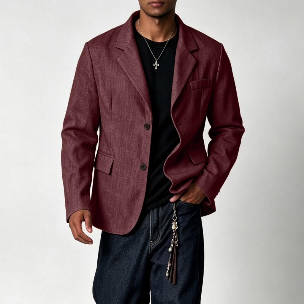 Leichte lässige Herren-Anzugjacke, Vintage-Farbe, einreihig, zwei Knöpfe, mit Leinenstruktur