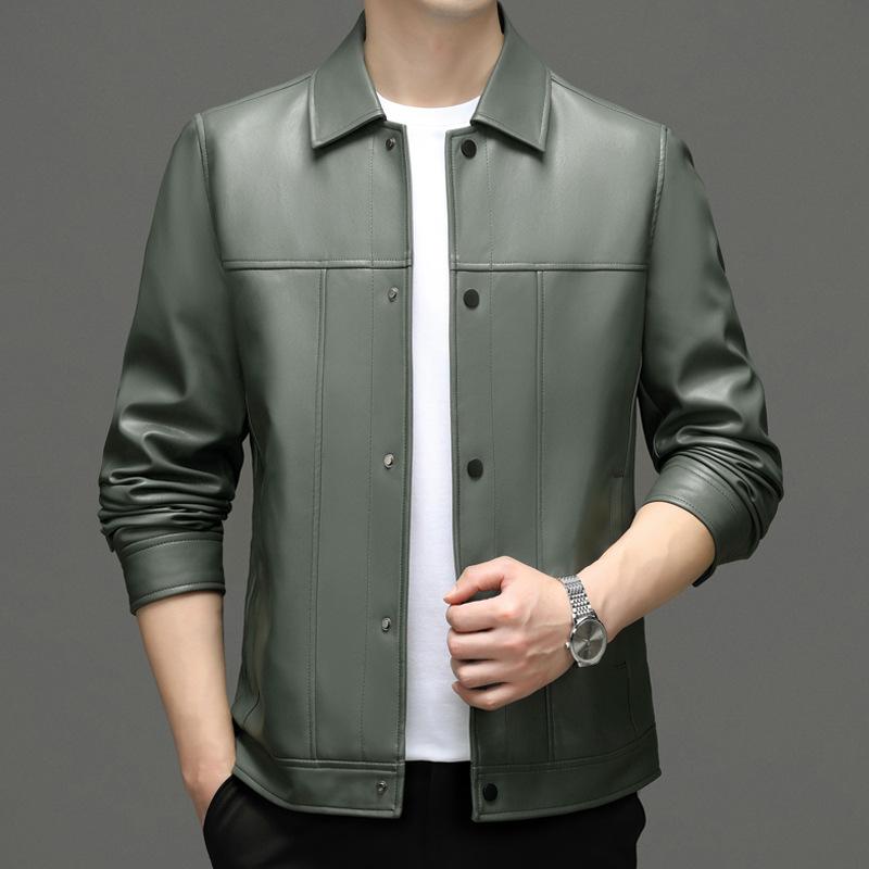 Leather Jacket for Middle-aged Men Thin Solid Color Men's Leather Jacket Spring and Autumn New Outdoor Men's PU Leather Jacket