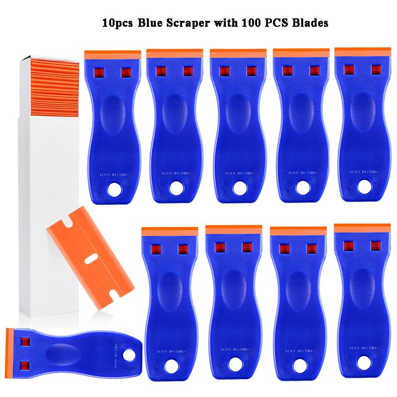 Plastic Razor Blade Scraper with 100 Pcs Plastic Blades Window Cleaning Scraper for Removal Glue Labels Sticker on Car Glass