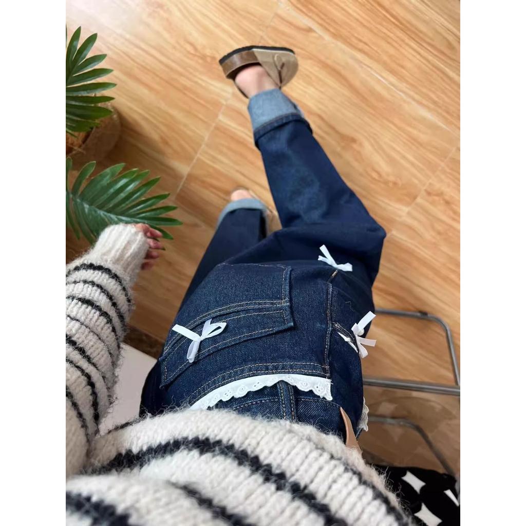 Retro Dark Blue Denim Pants for Women Spring Autumn Sweet Lace Bow Jeans Female American Style Straight Loose Wide Leg Pants