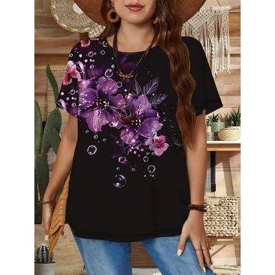 Damen Kurzarm T-Shirt Modisches Buntes Blumenmuster Bequem Locker Oversize Rundhals T-Shirt
