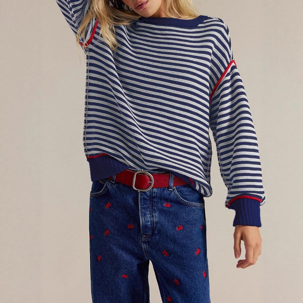 European and American striped color matching knitted sweater 1011 new women's loose design sense contrasting color personalized sweater