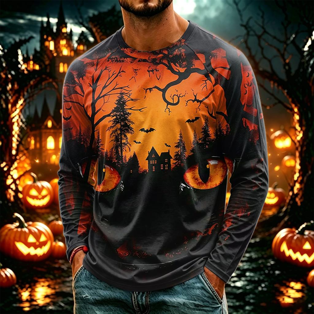 Men's Casual Halloween Print Neck Long Sleeve T-Shirt Lightweight for Daily Wear