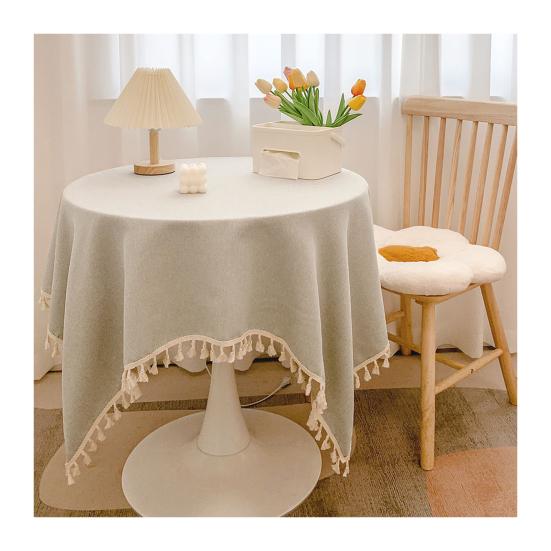Tovaglia in Cotone e Lino con Bordi Frangiati, Tovaglia Monocolore Lavabile con Nappe, Copritavola Rotondo per Cucina Sala da Pranzo