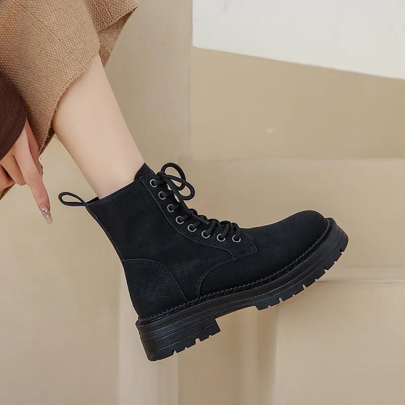 Women's Fashion Boots Retro Leather Ankle Boots Women Luxury Soft Sole Short Boots New Platform Non-slip Round Toe