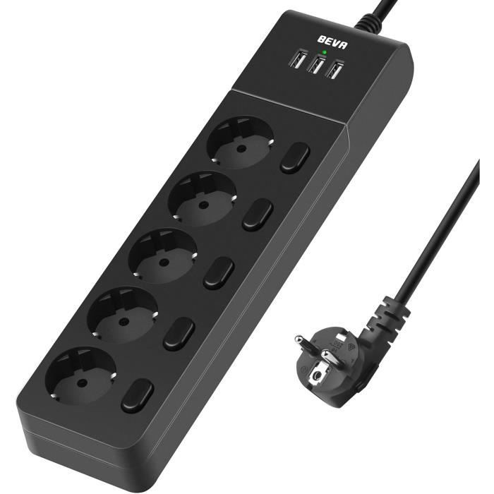 Multiprise USB - Bloc multiprise - 5 Prises - 3 Ports USB - Chargement intelligent - Blanc