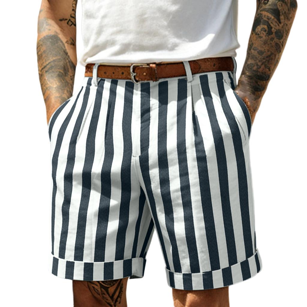 Mens Vertical Stripe Casual Shorts with Turn Up Hem Relaxed Fit Lightweight Breathable Fabric for Everyday Wear