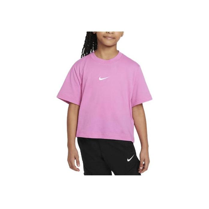 Nike Sportswear Solid Logo Ribbed Crew Neck Sports Short Sleeve T-Shirt Kids T-Shirts Pink DH5750-615