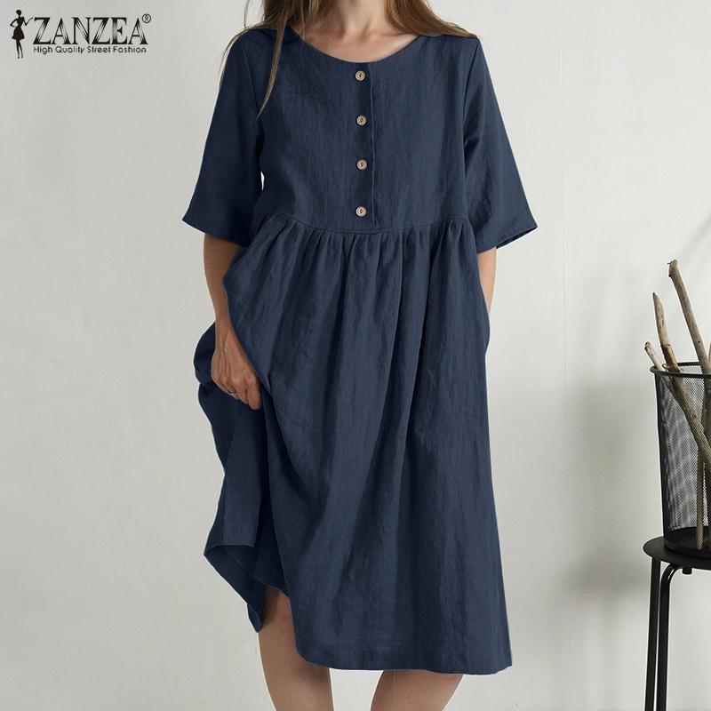 

ZANZEA женское летнее повседневное платье с круглым вырезом и половиной рукавов, однотонное свободное хлопковое плиссированное платье
