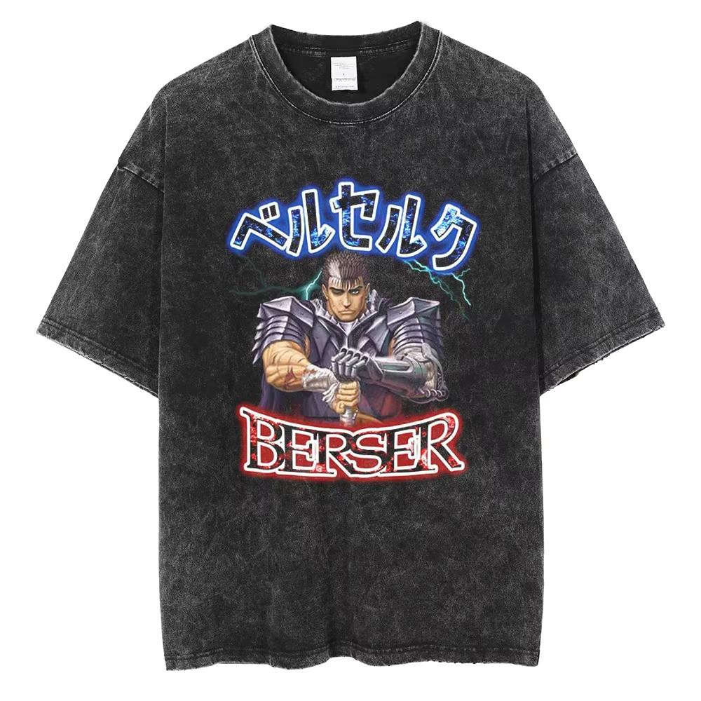 Berserk Anime Guts Charakter Vintage Gewaschenes Baumwoll-T-Shirt Retro Manga Grafik Sommer Kurzarm Locker Geschnittene Oberteile Für Männer Frauen Tägliche Freizeitkleidung
