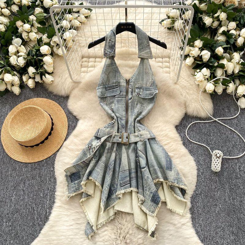 

Retro Waste Soil Wind Hanging Neck Demin dress Women Summer Rough Edge Irregular Backless Design Fried Street Gyaru Short dress Blue S