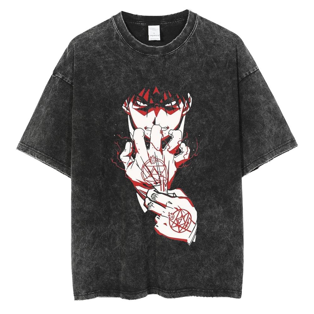 Anime Fullmetal Alchemist Logo Graphic Print T Shirt Men Women Vintage Manga Tshirts Washed Cotton Tshirt Harajuku Oversize Tee