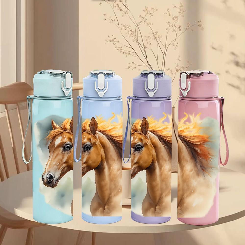 1PC Chestnut Brown Horse Head Print 750ml Color Plastic Sports Water Bottle Leakproof Flip Straw Lid Suitable for Sports Office Home Use