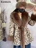 Women's Leopard Print Faux Fur Coat with Wide Collar and Slim Fit for Winter Formal Wear