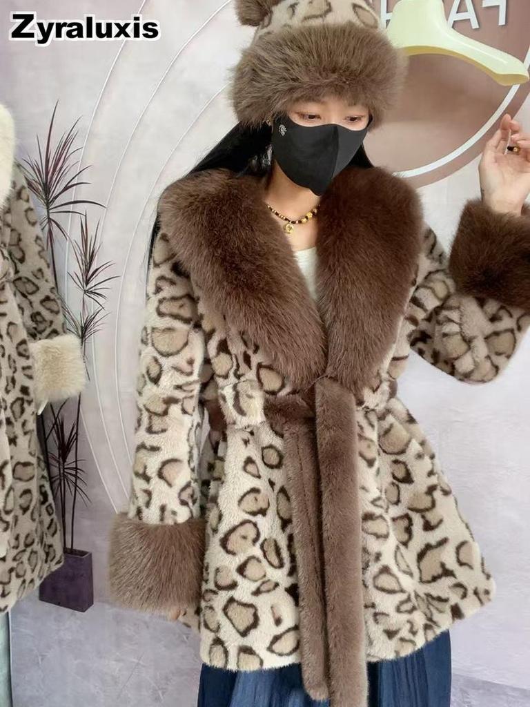 Women's Leopard Print Faux Fur Coat with Wide Collar and Slim Fit for Winter Formal Wear