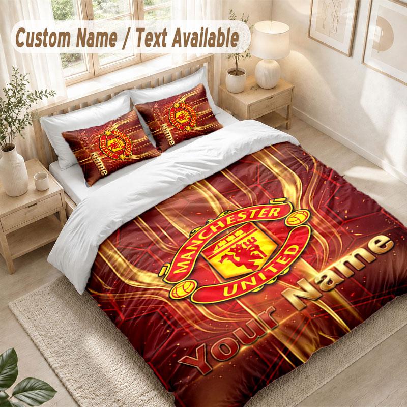 Custom Name Bedding Set 3 PiecesManchester United Print Duvet Cover + 2 Pillowcases Soft Bed Decor