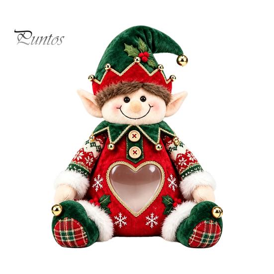 Plush Candy Storage Box Christmas Snack Bag, Clear Heart Window Doll with Back Zipper, Holiday Cookie Gift Soft Knitted Ornament Holder, Decorative