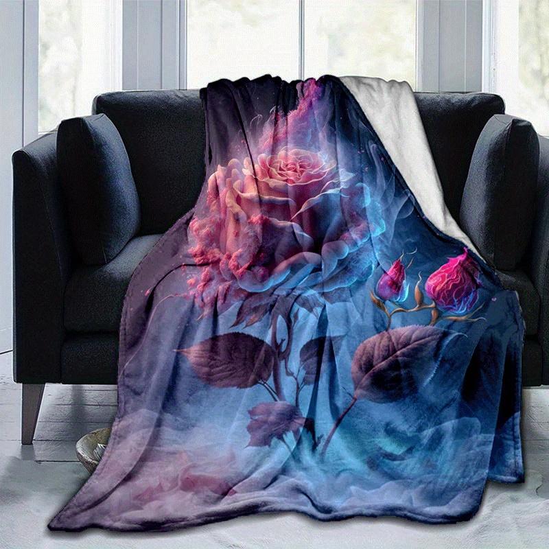 1pc Pink Rose Printing Lightweight Flannel Blanket, Comfortable and Warm Blanket, for Camping Sofa Bed and Couch Office, Gift