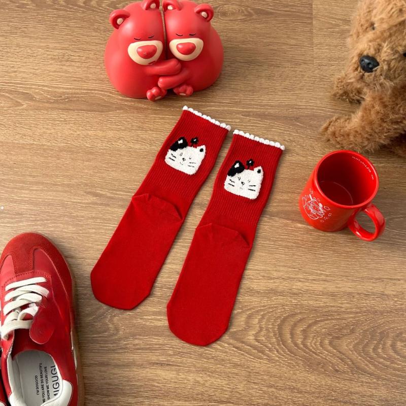 Big Red Socks Cartoon Middle Tube Peace, Joy, Wedding Good Luck Socks Gift Red Socks