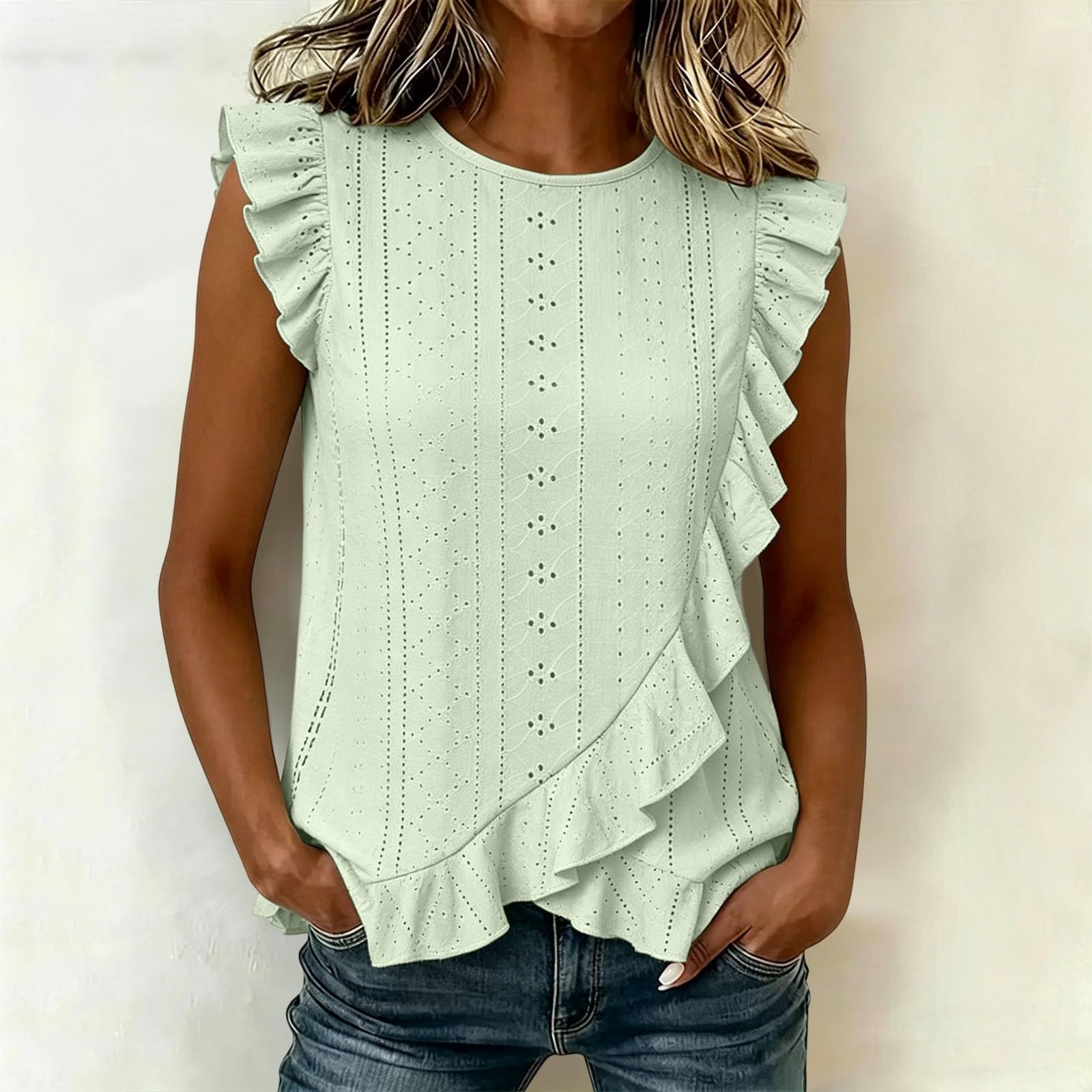 

Women Casual Fashion Ruffle Sleeve Asymmetric Hem Top Lightweight Breathable Summer Blouse with Eyelet Pattern XL
