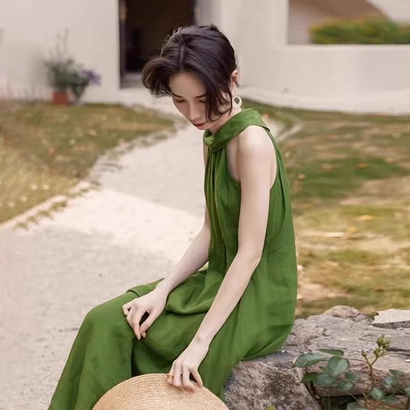 French green neck sling dress children's summer new seaside vacation temperament dress