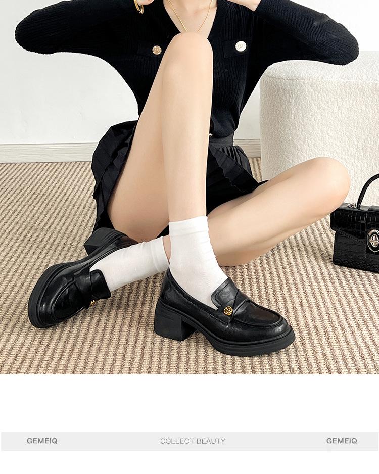 2025 British Style Camellia Loafers: Round Toe Chunky Heel Mary Jane Leather Shoes for Women