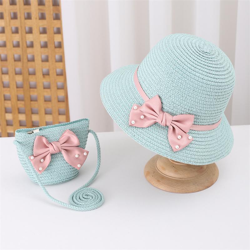 Kids Summer Wide Brim Floppy Straw Hat and Bag Set Beach Sun Visor Cap Cute Bow Baby Birthday Gift for Girls Fisherman Hats