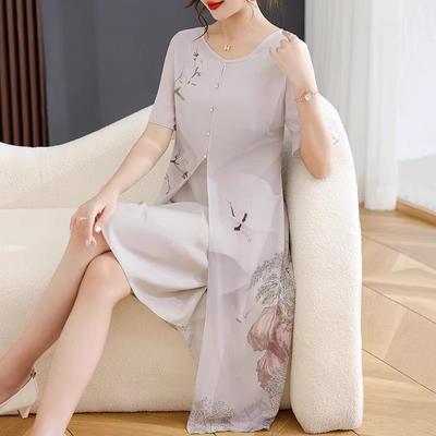 Chinesisches traditionelles Cheongsam-Kleid Sommer Blumenmuster Lockere Passform Bequemer Atmungsaktiver Stoff Vintage-Stil für Damen