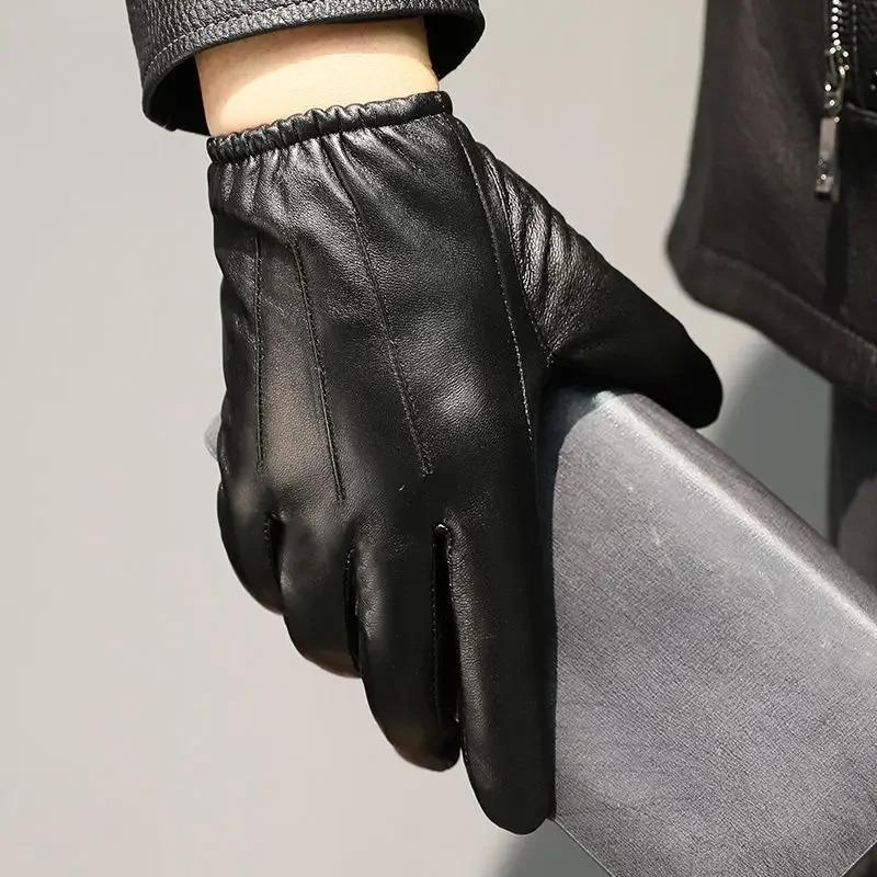 Velvet Linning Men Business Sheepskin Leather Gloves Winter Full Finger Touch Screen Brown Gloves Riding Motorcycle Gloves