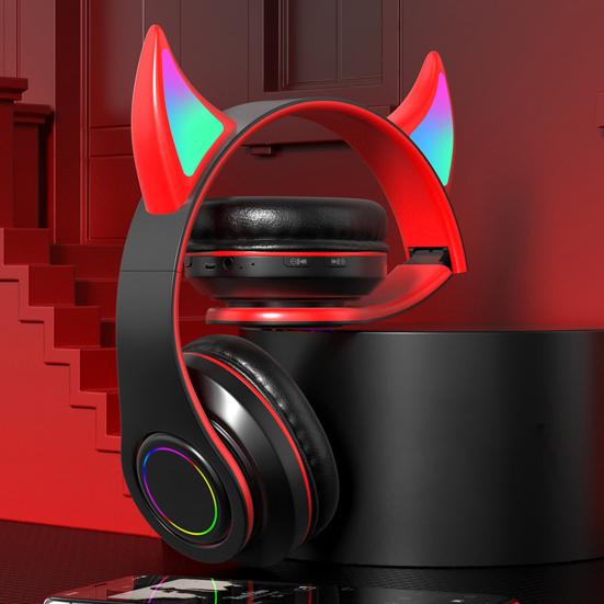 Bluetooth-compatible Headphone LED Devil Ear HiFi Glowing Cute Stereo Bass Wireless Headset
