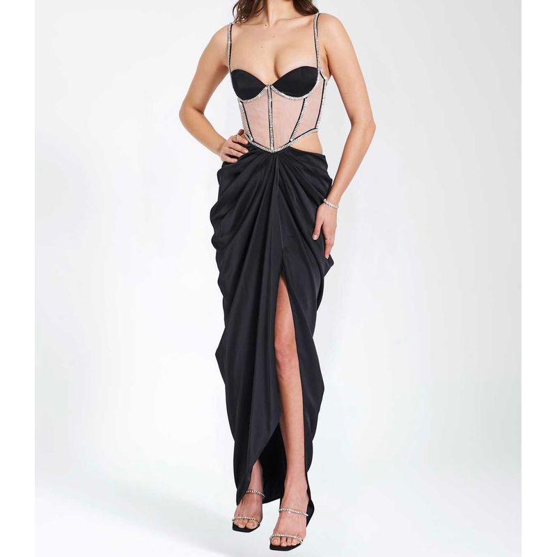 

Export Single Wrapped Chest Elegant Sexy Fashion Elegant and Personalized Lace See-through Diamond Body Shaping Niche Style Split Dress Black XL