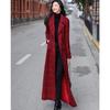 Red Plaid Wool Belted Coat with Notched Lapel Slim Fit Over Knee Simple Elegant Trench Jacket for Women