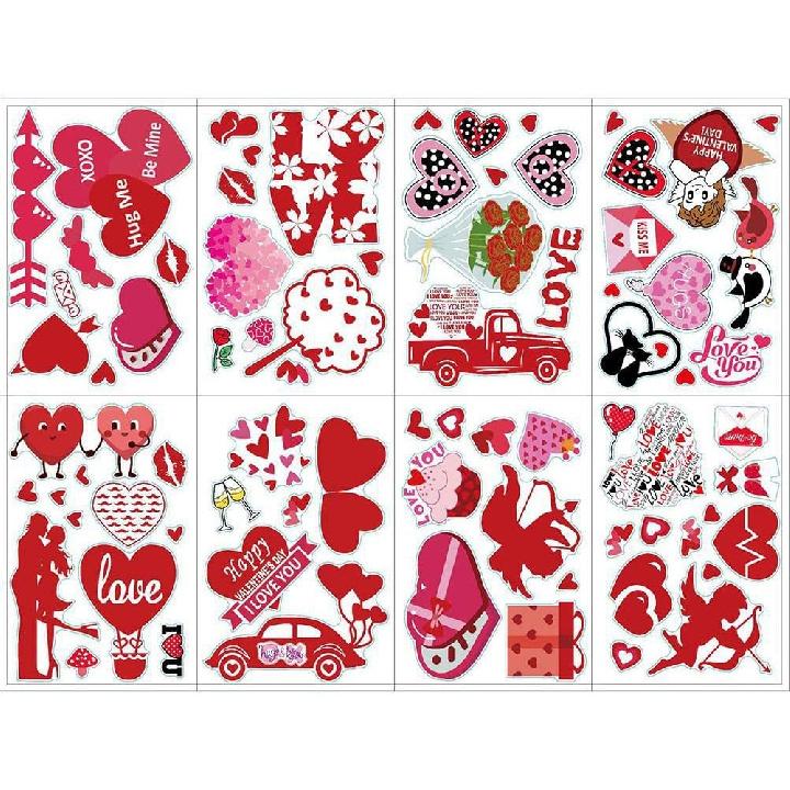 8 Sheets Valentine's Day Heart Window Clings Decorations Removable Vinyl Window Sticker Decals for Home, Office Valentines Party, Wedding,
