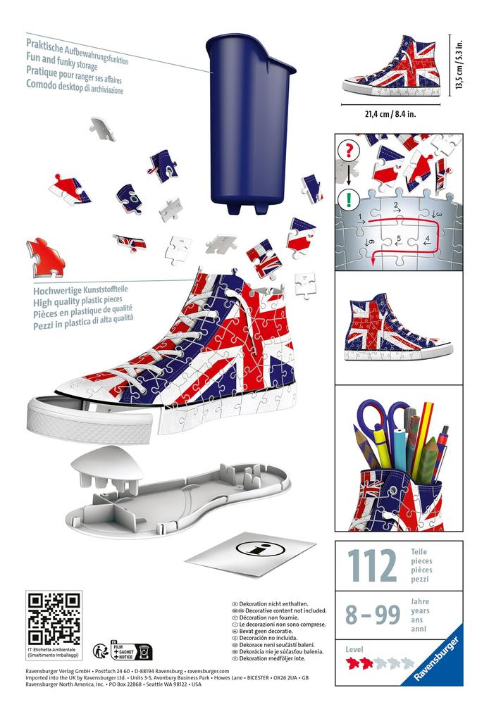 Ravensburger 3D Union Jack 108 Finished 21cm Product Number 11222 Ages 3D Gift Puzzle, Sneakers, Design, Pieces, Size Tall, 7, 8+ [Puzzle, Puzzle,