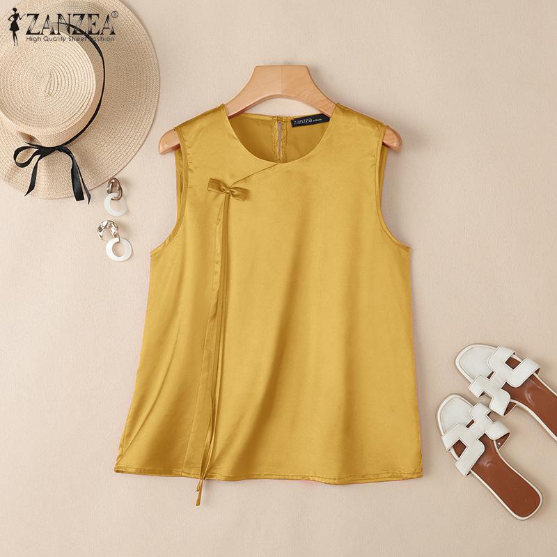 

ZANZEA Винтажные женские топы без рукавов с этническим атласом и гладкой текстурой, с бантом 5XL жёлтый