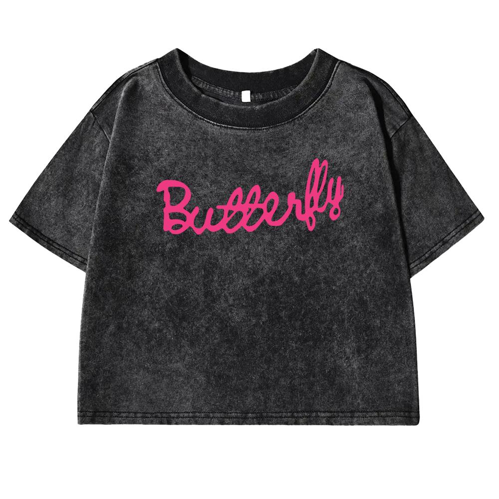 

Pink Butterfly Art Letter Prints Washed T Shirt Women Summer Cool Tshirts Cotton Tee Clothes Retro Short Sleeve Female M